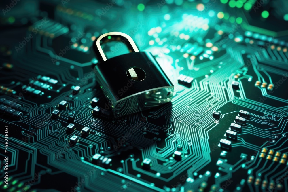 Aufkleber Close up of a lock on a circuit board, suitable for tech security concepts