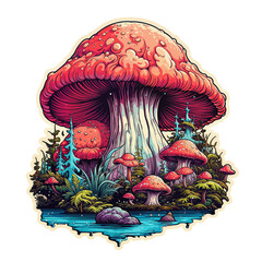 Psychedelic t-shirt design sticker, Mushroom Drawing in Forest, detailed illustration