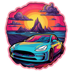 Psychedelic t-shirt design sticker, Blue Electric Car Driving by Mountain Range, detailed illustration