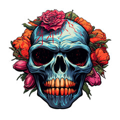 Skull With Flowers, Psychedelic T-Shirt Design Sticker character, detailed illustration