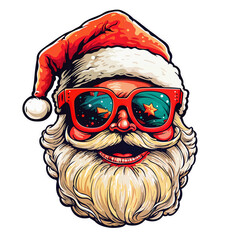 Psychedelic t-shirt design sticker character, Santa Claus Wearing Sunglasses and Santa Hat, detailed illustration