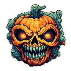 Psychedelic t-shirt design sticker character, Glowing-Eyed Jack-O-Lantern With Scary Face, detailed illustration