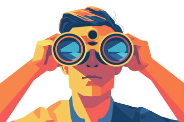 Caucasian Man Looking Through Binocular. Modern Flat Illustration Clipart On Transparent Background. Png File. Ai Generated
