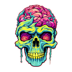 Psychedelic t-shirt design sticker character, Colorful Skull With Brain, detailed illustration