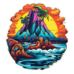 Psychedelic t-shirt design sticker, Tropical Island With Sunset Background, detailed illustration