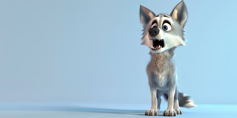 3D cartoon funny surprised wolf on a light blue background. Copy space. Banner