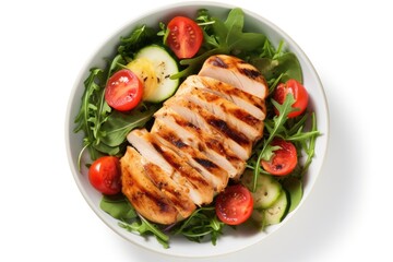 A white bowl filled with meat and vegetables, suitable for food-related designs