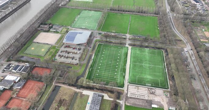 Amateur sports field, aerial top down view, outlines of different types of sports fields. Complex facility overview. The Netherlands.