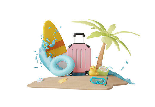 Summer elements 3d icon set clipart isolated on background, Minimal Realistic objects for mock-up with summer theme, beach umbrella, sand, inflatable ring, vacation time to travel.