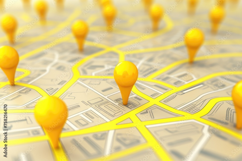 Poster yellow pins on a map, suitable for travel and navigation themes