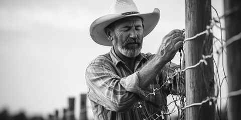 A man in a cowboy hat leaning on a fence. Suitable for western-themed designs - obrazy, fototapety, plakaty