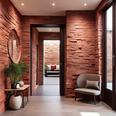  POLISH RED stone cladding wall in rustic hallway. Cozy home interior design of modern entrance hall with door. 