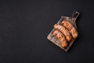 Grilled sausages with spices and herbs. With copy space