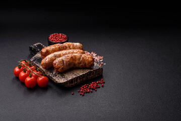 Grilled sausages with spices and herbs. With copy space