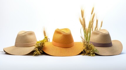 Three straw hats lined up against a white background. Suitable for fashion or summer concept