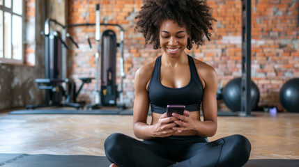 young woman is seated on a gym floor in workout attire, looking at her smartphone, with weightlifting equipment in the background