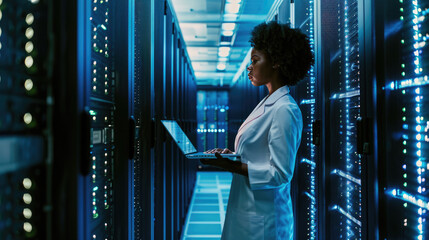 Focused IT professional using a laptop while standing in a server room with racks of network equipment illuminated by blue lights