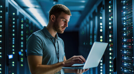 Focused IT professional using a laptop while standing in a server room with racks of network equipment illuminated by blue lights