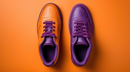 Purple sneakers on vibrant orange background, perfect for fashion or sports concept