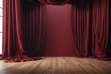 luxury red maroon empty wall in a room with silk curtain drapes. Template for product presentation. Living, gallery, studio, office concept, Mockup 3D rendering