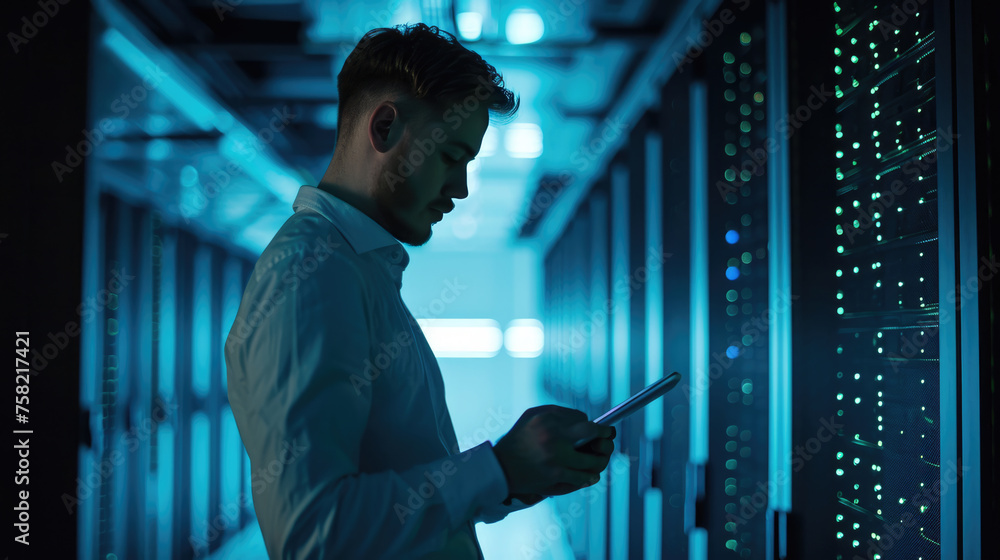 Aufkleber focused it professional using a laptop while standing in a server room with racks of network equipme