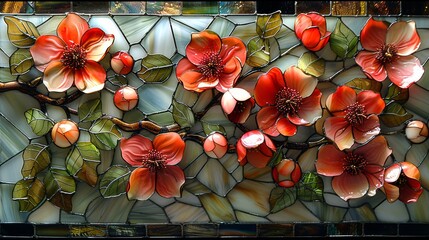  a close up of a stained glass window with red flowers on a branch and leaves on the bottom of the glass.