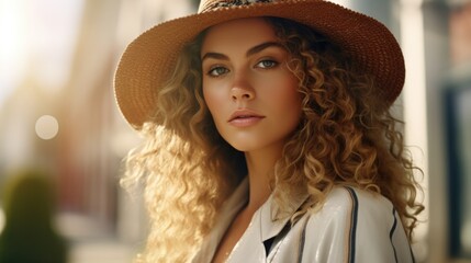 A woman with curly hair wearing a stylish hat, suitable for fashion or lifestyle concepts