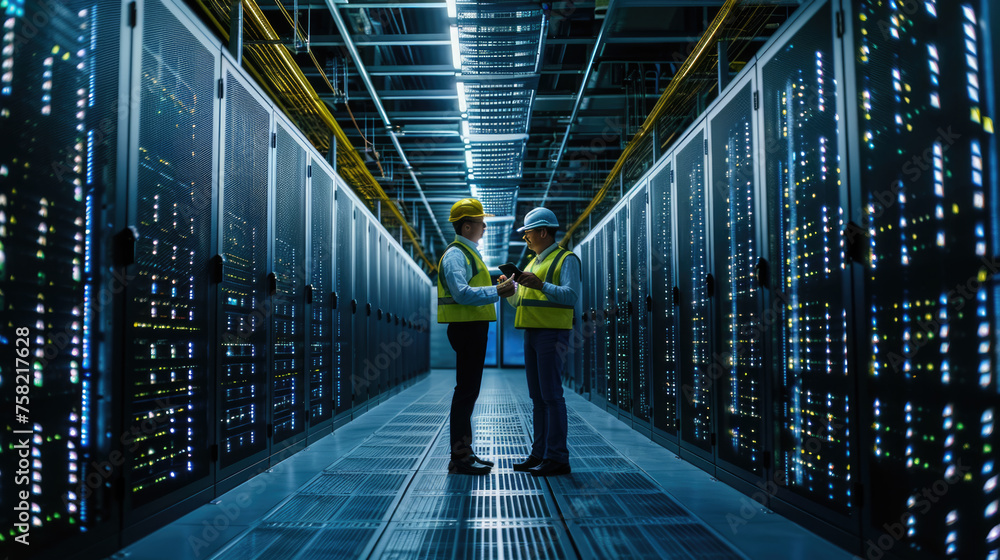 Poster two engineers having a discussion in the brightly illuminated aisle of a server room filled with rac