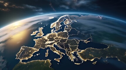 A stunning view of Europe illuminated at night. Perfect for educational purposes or science-related projects - obrazy, fototapety, plakaty