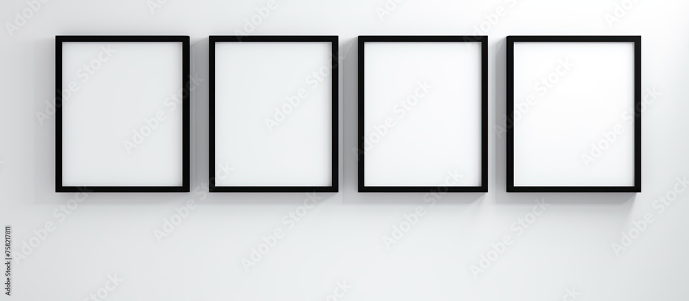 Poster four rectangular picture frames hang symmetrically on a white wall, showcasing monochrome photograph