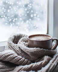 Hot Chocolate in a Vintage Mug with a Winter Scarf - Cold and Snowy Scene Outside of Window on Old Farmhouse Windowsill - Frosty and Cozy Winter Wonderland 