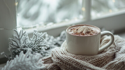 Obraz na płótnie Canvas Hot Chocolate in a Vintage Mug with a Winter Scarf - Cold and Snowy Scene Outside of Window on Old Farmhouse Windowsill - Frosty and Cozy Winter Wonderland 