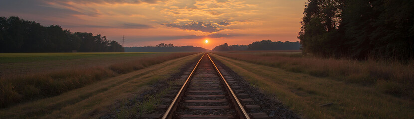 An idyllic sunset gently falls over the open field, with railway tracks extending towards the horizon beneath a tranquil sky - obrazy, fototapety, plakaty