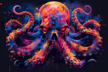 A frightening neon skull with tentacles of neon color highlighted on a black background. - obrazy, fototapety, plakaty