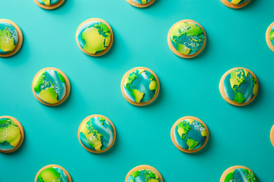 Cookies with a pattern of the globe on a blue background. Earth Day.