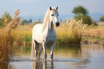Obraz na płótnie Canvas A majestic white horse standing in a body of water. Perfect for nature and animal themes