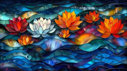Foto op Canvas  a painting of a group of water lilies floating on top of a body of water with waves in the background. © Shanti