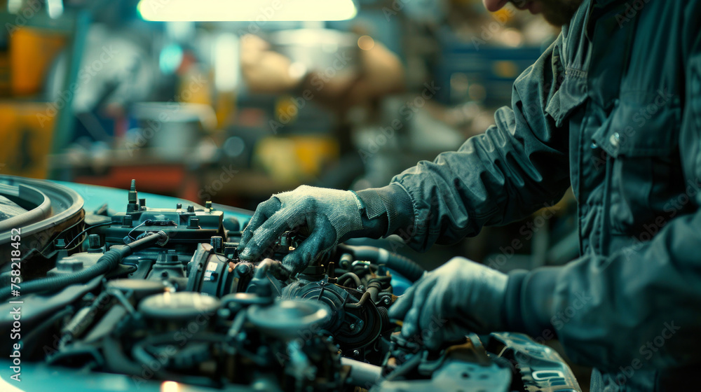 Poster a detailed image of a mechanic's hands working on the intricate parts of a car engine in a workshop
