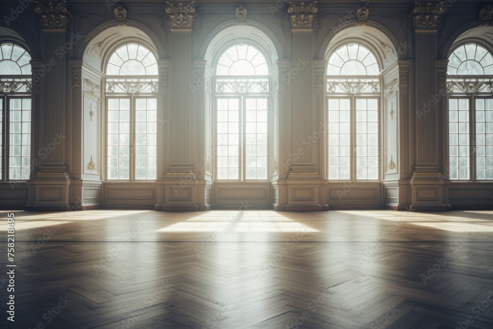 Poster a spacious room with numerous windows, ideal for interior design concepts