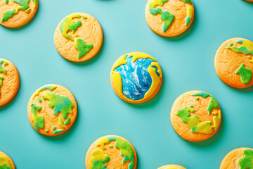 Obraz na płótnie Canvas Cookies with a pattern of the globe on a blue background. Earth Day.