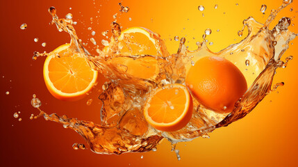 Morceaux d'oranges coupés avec mouvement d'éclaboussure d'eau. Jus d'orange, boisson, nourriture, vitamine. Orange, fruit. Pour conception et création graphique. - obrazy, fototapety, plakaty