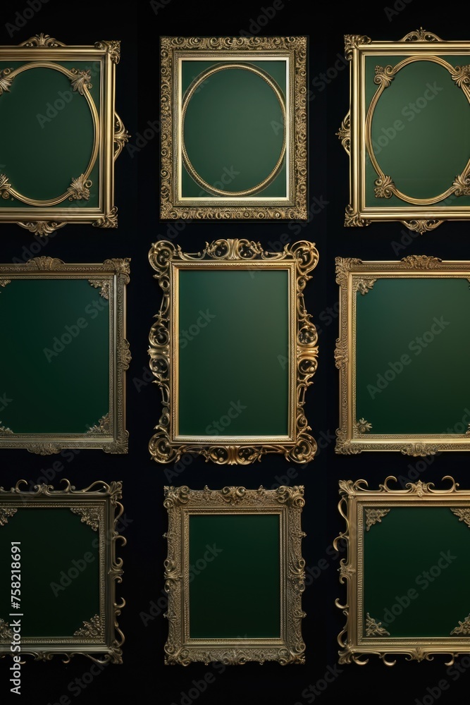 Aufkleber Set of elegant gold frames against a vibrant green backdrop. Ideal for adding a touch of luxury to any design project