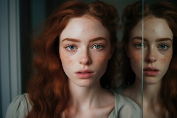 A woman with red hair looking at her reflection in a mirror. Suitable for beauty or self-care concepts