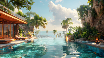 Fototapeta premium This digitally created image features a luxurious villa with an infinity pool looking out to the sea, embodying sophisticated relaxation