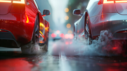 Two cars on the road and smoke from the exhaust. Atmospheric pollution from exhaust emissions. Problems of global warming and environmental protection - obrazy, fototapety, plakaty