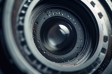 Detailed close up view of a camera lens, ideal for technology concepts