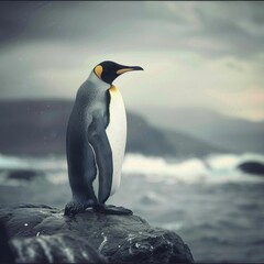 Fototapeta premium Penguin Standing on Rock by Ocean