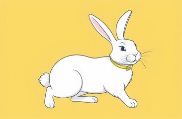 White fluffy Easter bunny on pastel yellow background.