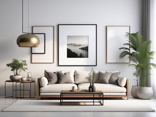 Frame mockup, ISO A paper size, reflective glass, mockup poster on the wall of the living room. Interior mockup. Apartment background. Modern interior design. 3D render