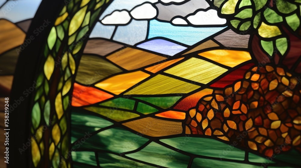 Poster detailed view of a colorful stained glass window. ideal for religious or architectural themes